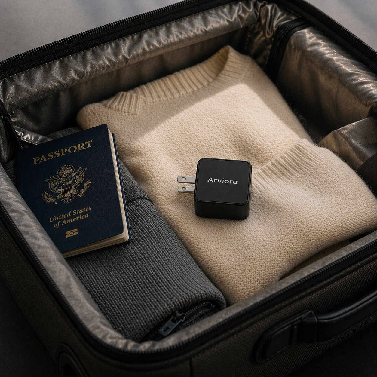 Arviora charger packed inside a travel bag