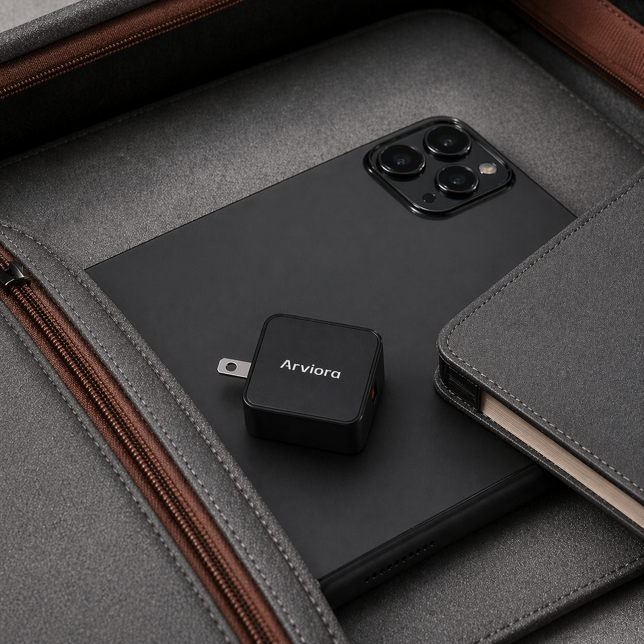 Arviora charger on a matte black phone beside a notebook