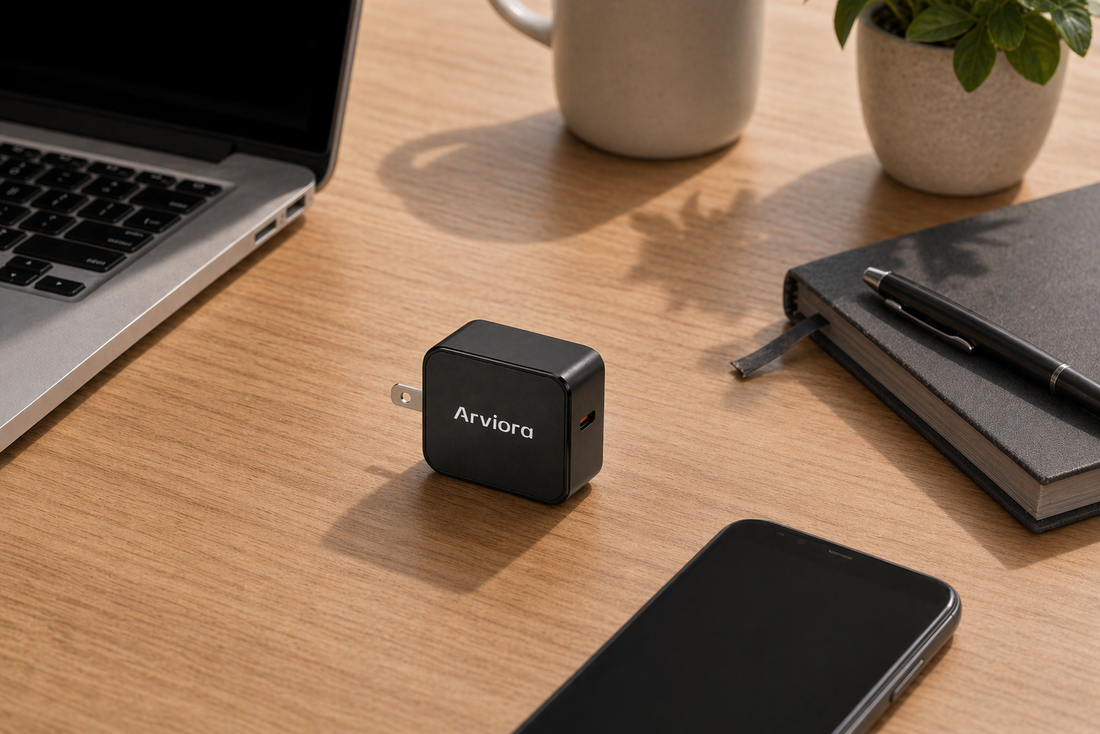 Arviora charger on a wooden desk near a laptop and phone