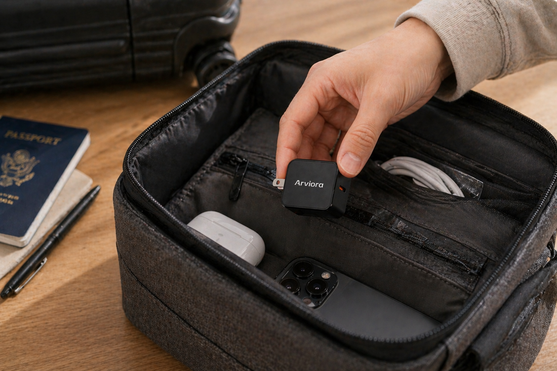 Arviora charger being placed into a travel bag