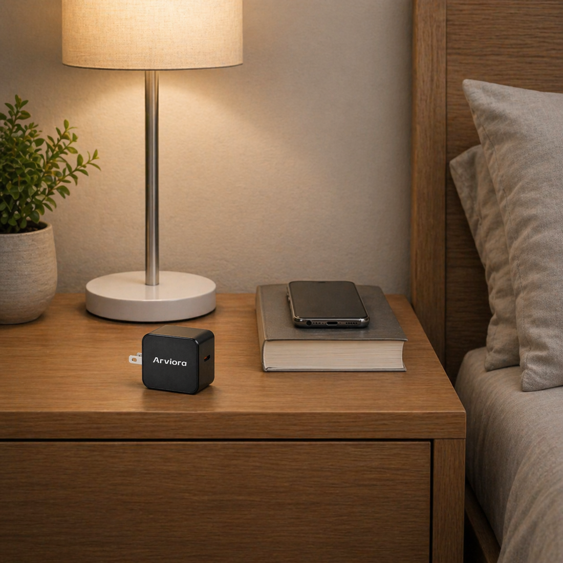 Arviora charger on a nightstand beside a lamp and phone
