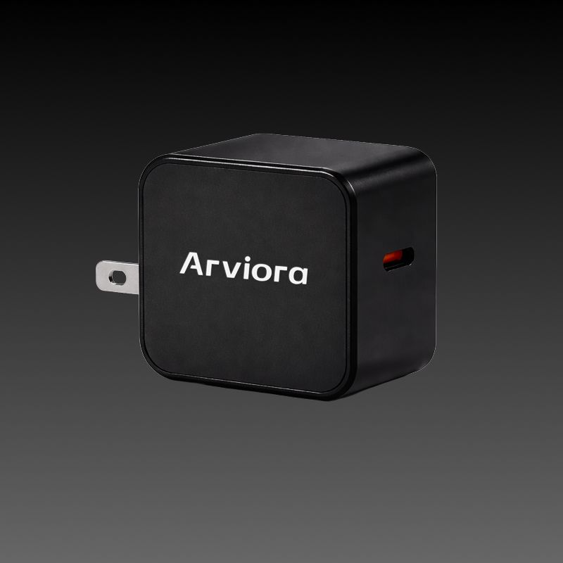 Arviora charger showing the compact GaN body